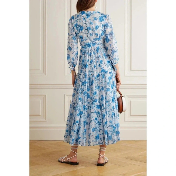 NWOT Borgo de Nor Faustine Floral Cotton Silk Voile Midi Dress - Chinoiserie - Picture 4 of 9